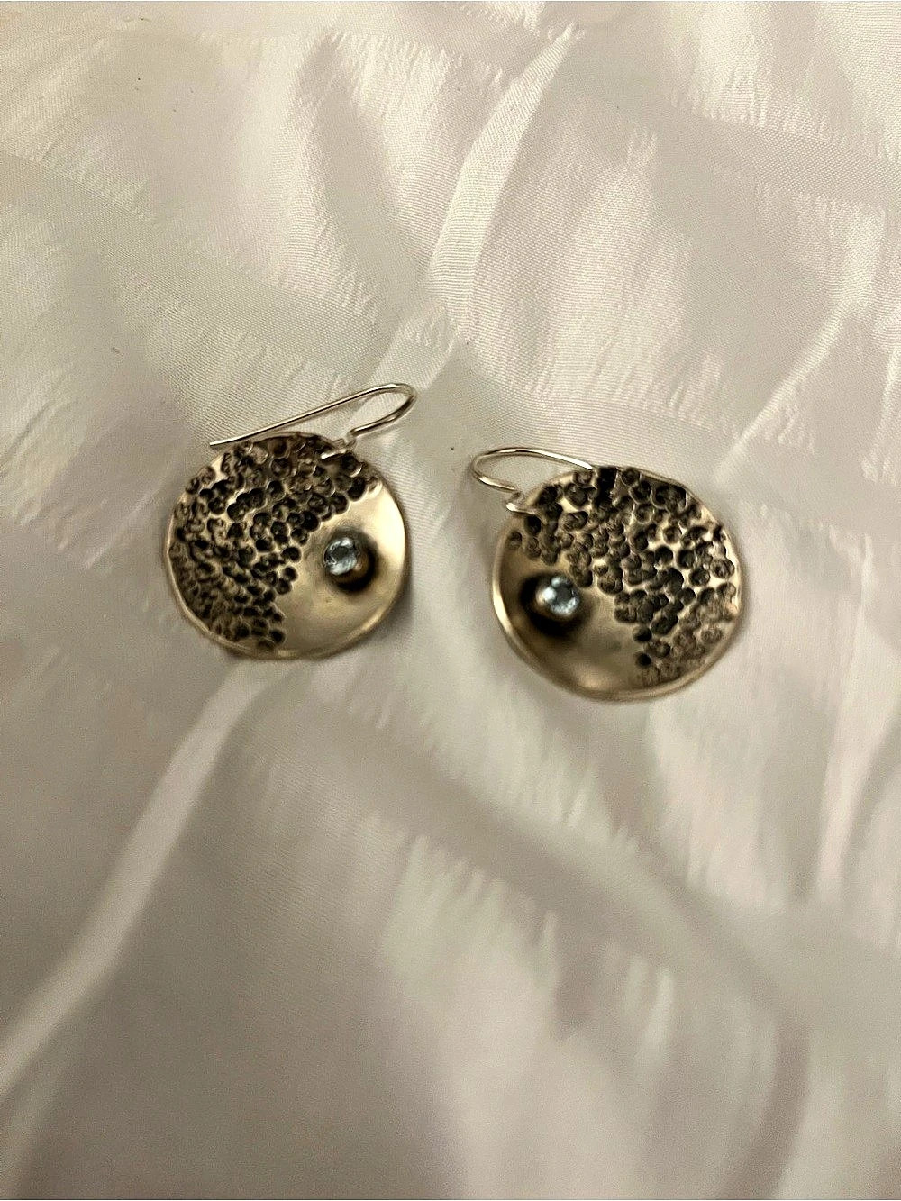 Handcrafted Artisan Sterling Silver & Gold Bezel Dangle Earrings with Blue Topaz